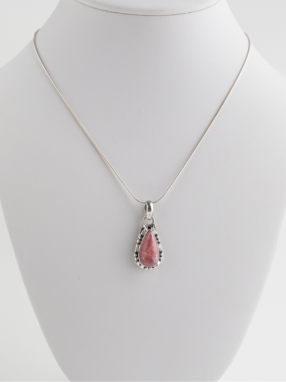 Vintage Sterling Silver Rhodochrosite Teardrop Pendant Necklace 925 Pink - Picture 3 of 11